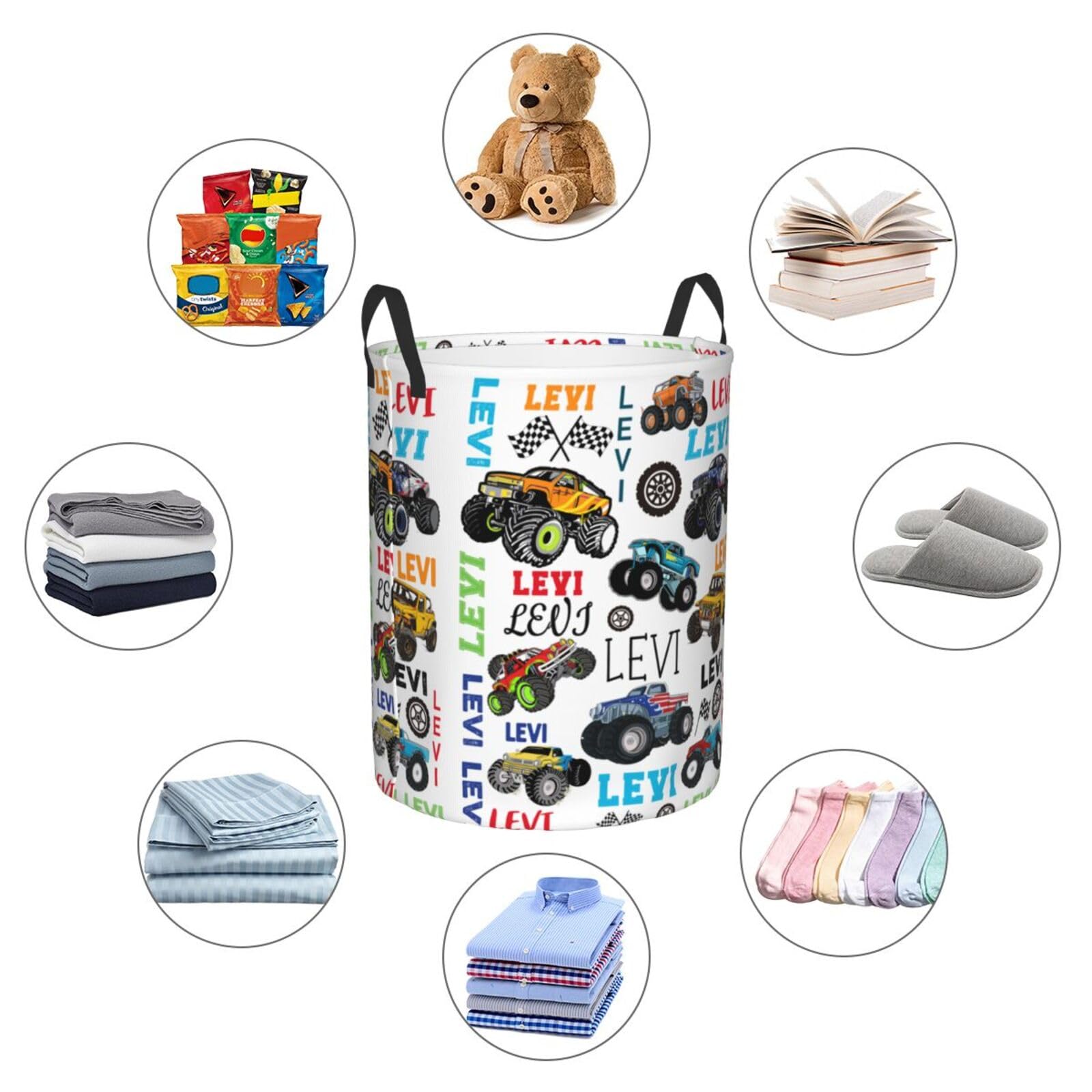 Personalized Mon-Ster Truck Laundry Hamper Gifts, Custom Trucks Laundry Basket With Name for Kids Boys Girls Adult, Collapsible Baby Laundry Hamper, Dirty Clothes Hamper With Handles 16.5x13.8 Inch