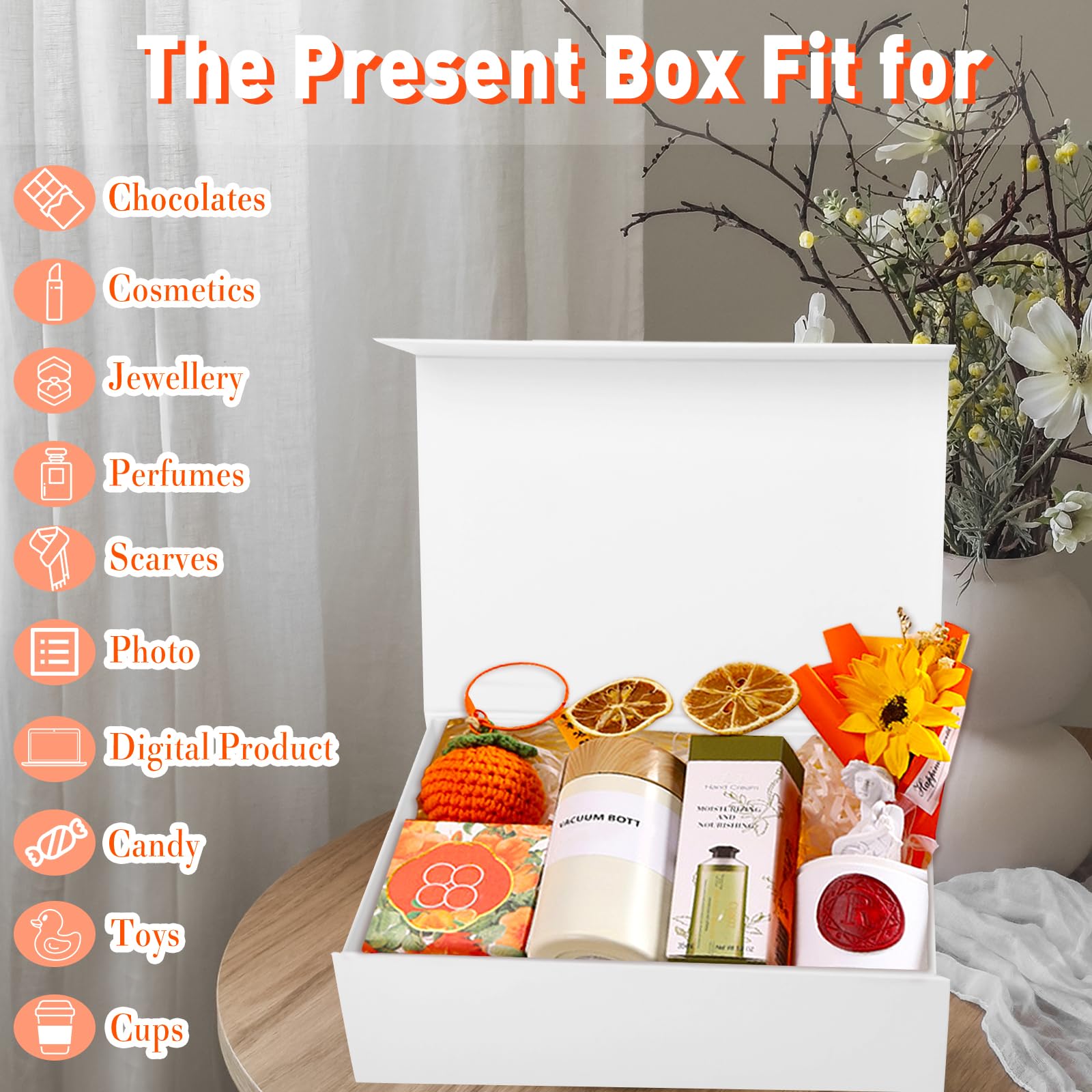 ZTBBW White Gift Box 10.3x7.1x3'', Gift boxes for Presents with Magnetic Lids, Rectangle Collapsible Gift Wrap Box Contains Card, Ribbon for Birthday, Wedding, Holiday, Anniversaries