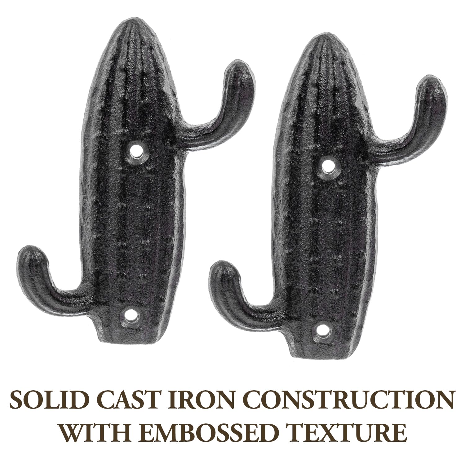 MyGift 2-Hook Vintage Dark Brown Cast Iron Coat Hooks, Southwestern Style Cactus Shape Wall Mounted Entryway Garment Hooks for Hats Keys Leashes Lanyards, Set of 2