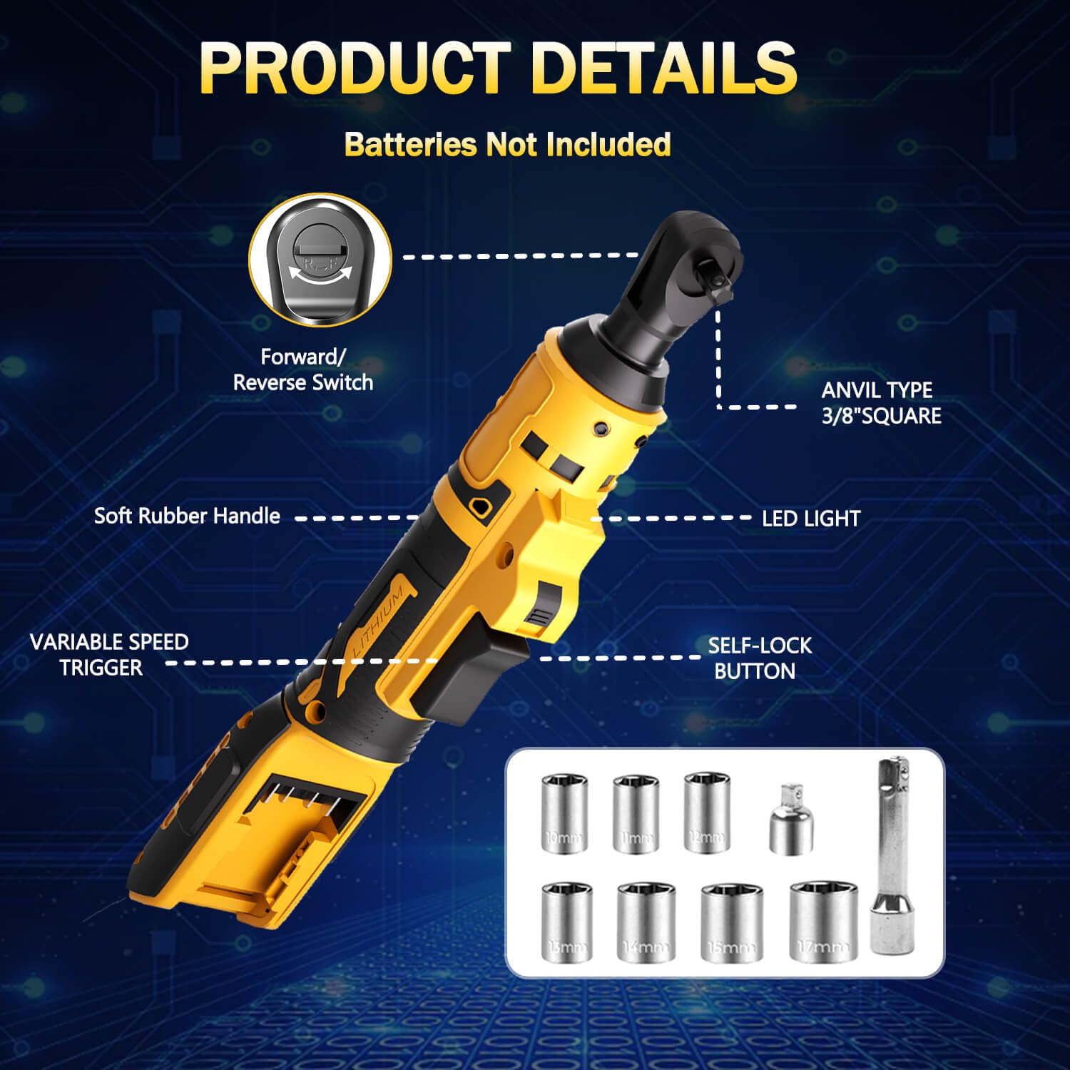 JSYBOY 3/8" Cordless Ratchet Wrench Set, 45FT-LBS Electric Ratchet 320RPM Power Ratchet Wrench with Variable Speed, LED Light, 3/8" to 1/4" Sealed Head Ratchet, Bare Tool Only