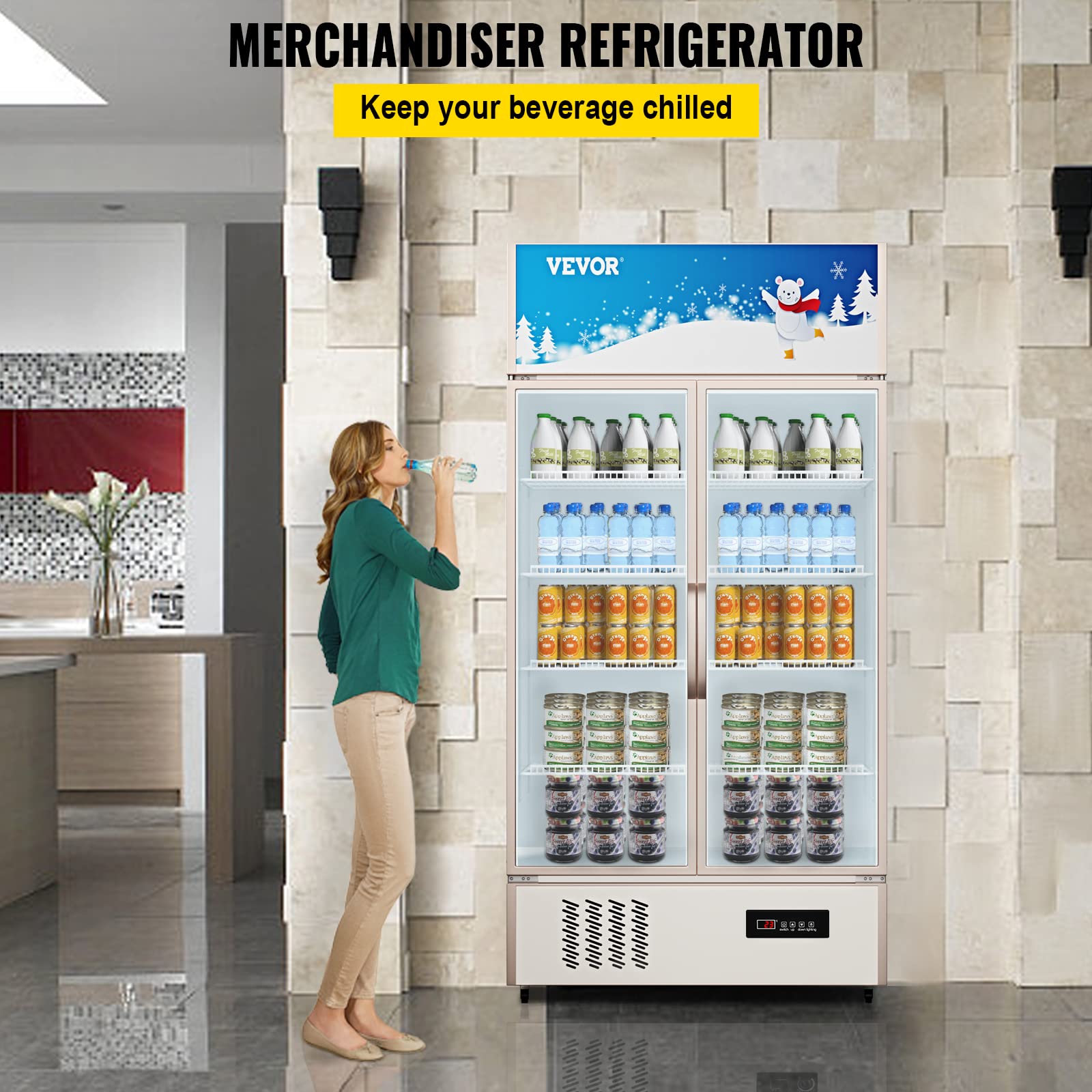 VEVOR Commercial Merchandiser Refrigerator 2 Glass Doors, Cubic Ft, Upright Display Beverage Cooler 79" Tall x 39.4" Width, Fridge with LED Lighting for Drink Wine Soda, Gold, 23 cu.ft