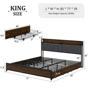 CXVX King Size Bed Frame with Storage Headboard, Metal Platform Bed Frame with 4 Storage Drawers and Charging Station & LED, Metal Support, Noise-Free, No Box Spring Needed, Easy to Assemble