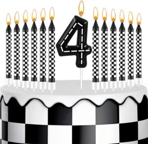 13 pcs racing cars themed birthday candles - 1 to 9 number candle & black and white checkered candles, truck candle cake topper for racing car party baby shower party decoration supplies (number 4)