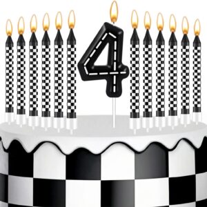 13 Pcs Racing Cars Themed Birthday Candles - 1 to 9 Number Candle & Black and White Checkered Candles, Truck Candle Cake Topper for Racing Car Party Baby Shower Party Decoration Supplies (Number 4)