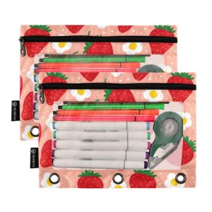 Flower Strawberry Red Pencil Pouch for 3 Ring Binder Pencil Bag Bags with Zipper Clear Pencil Case Pouch Cute Pen Pencil Pouch Cases for Office Home College Supplies 2 Pack