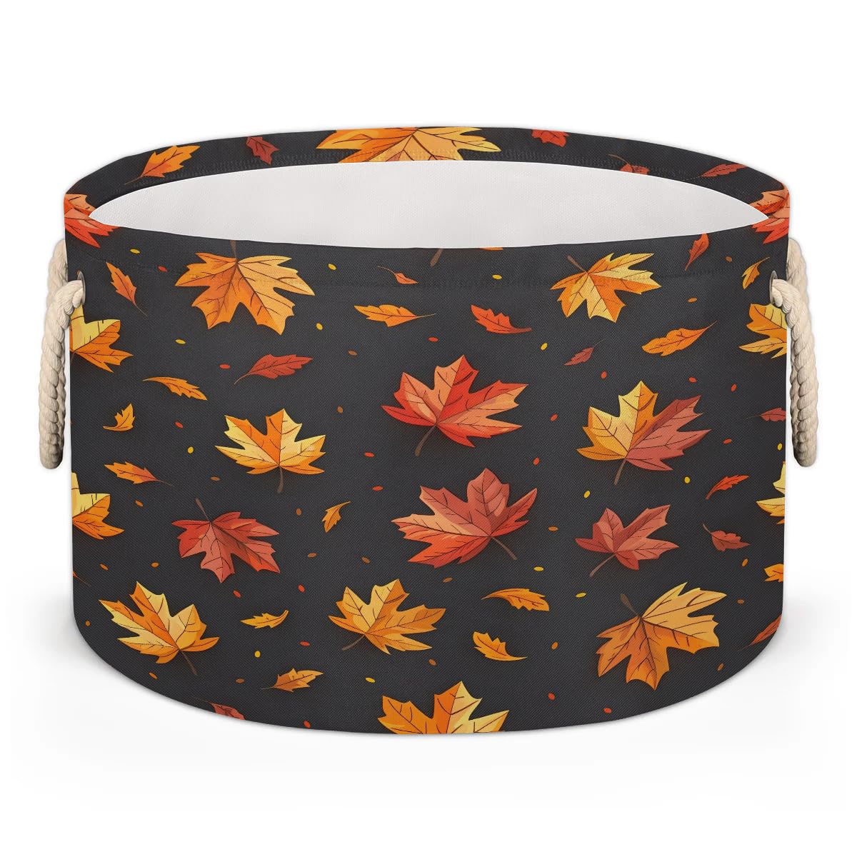 Round Storage Basket Orange Maple Leaves Fall Collapsible Large Clothes Toy Blanket Books Storage Bin Laundry Basket Organizer for Closet Shelf Living Room Nursery Bedroom Dorm