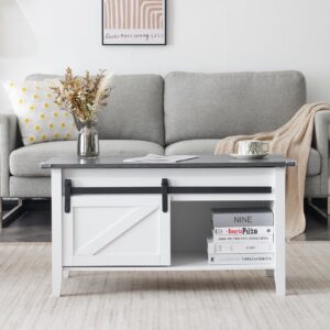 VINGLI White Charcoal Lift Top Coffee Table, 36" Small Farmhouse Barn Door Coffee Table with Storage, Rectangular Center Wood Coffe Table with Lifting Top, Living Room Tables with Hidden Compartment