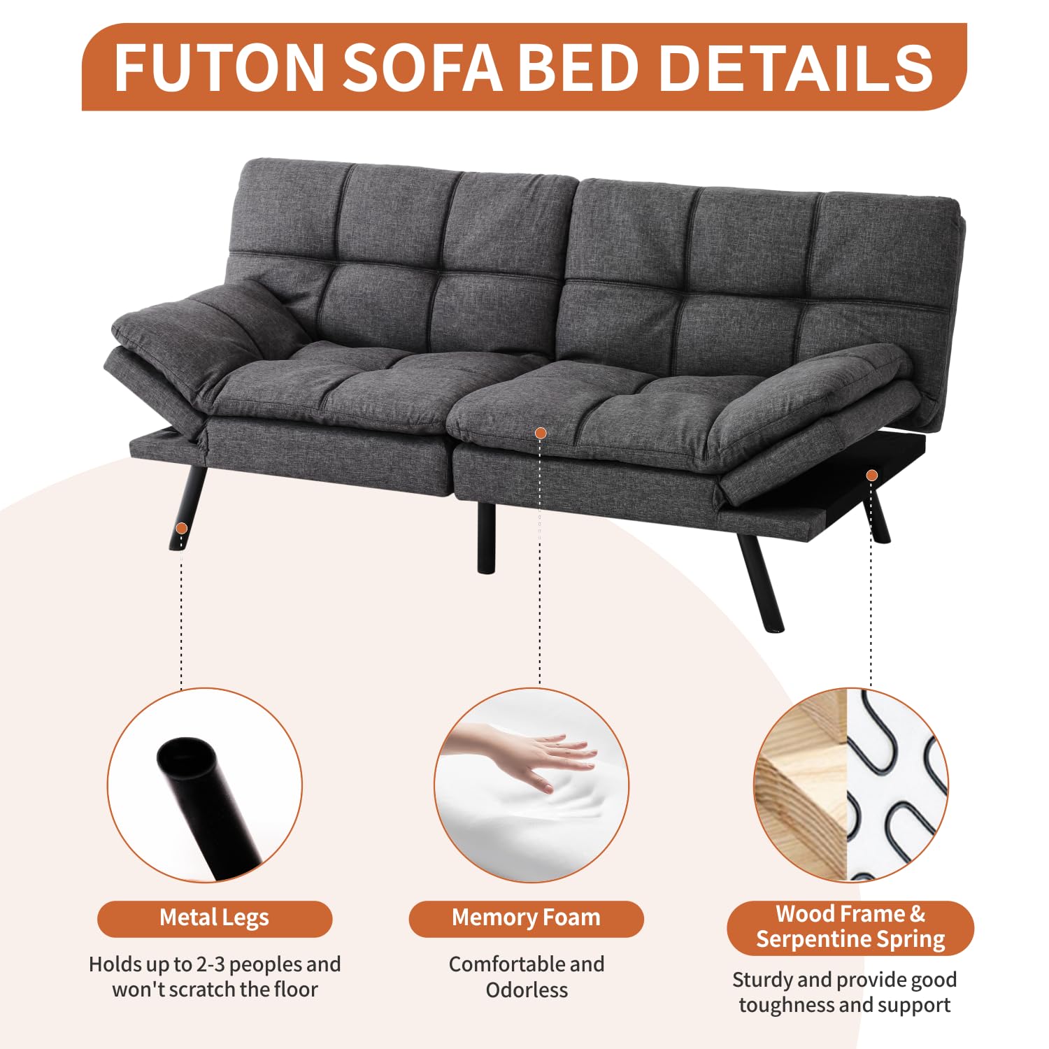 MUUEGM Futon Couch, Futon Sofa Bed with Memory Foam, 71" Adjust Backrest Sofa for Studios, Apartments, Dormitories, Offices and Game Rooms.