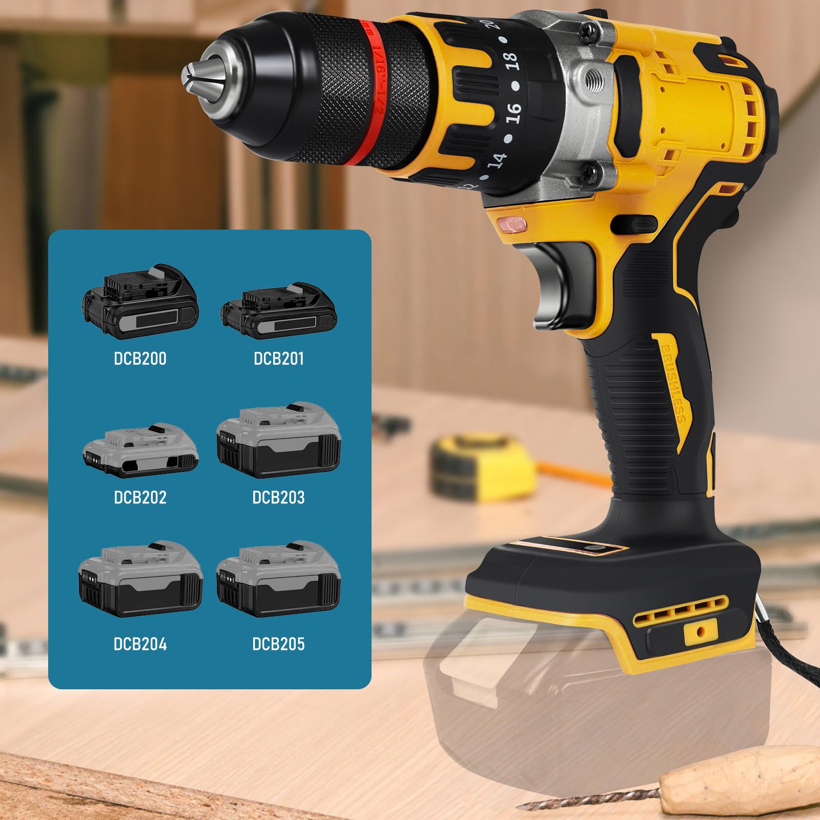 Cordless Hammer Drill Driver Compatible With Dewalt 20V Battery, 1/2" Brushless 1350PRM Compact Impact Driver with 1064 In-lbs (120N·M) Max Torque for Home Improvement, Woodworking, Metal (Tool Only)