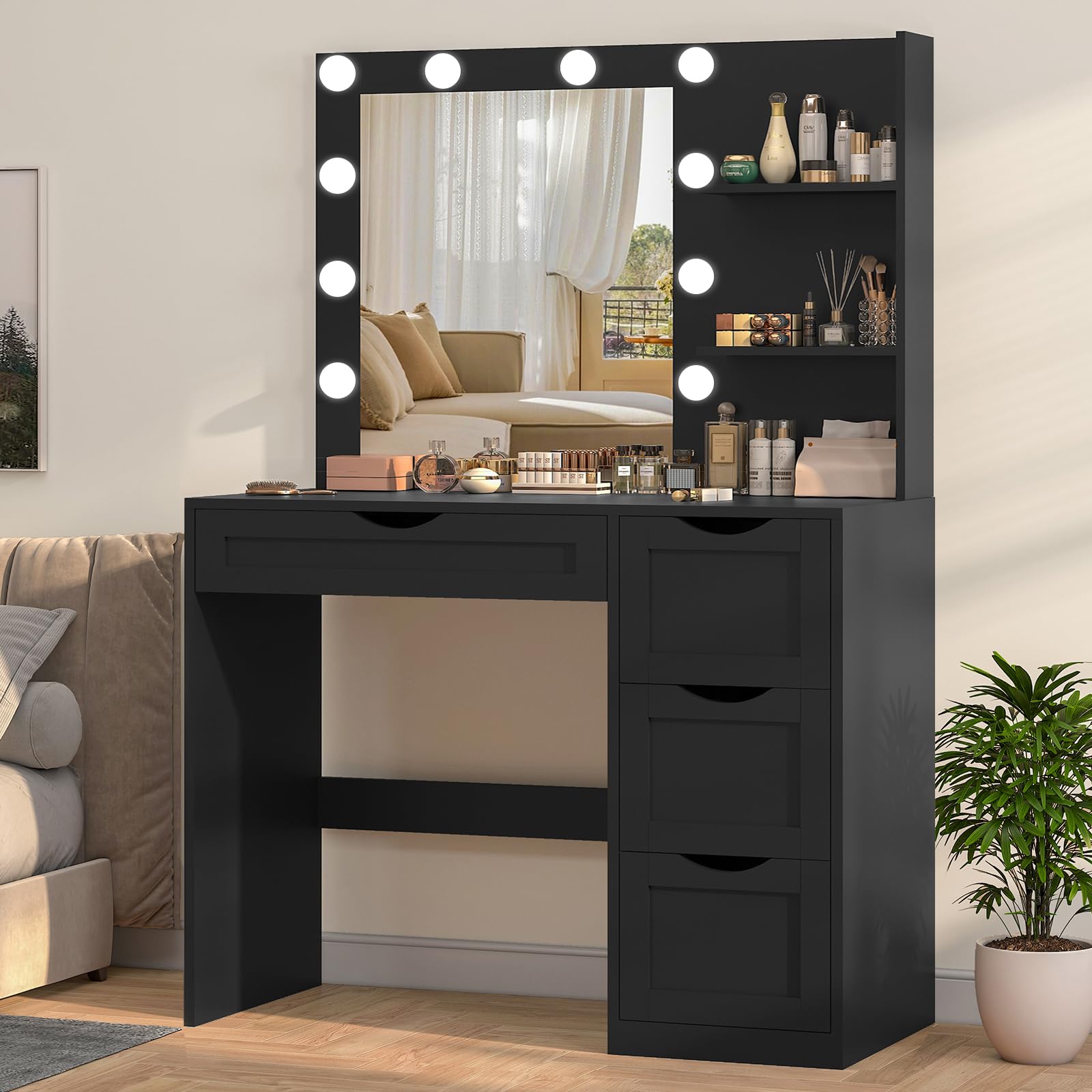 usikey Makeup Vanity Desk with Mirror and 10 LED Lights, Makeup Vanity Table with 4 Drawers, Vanity Desk Dressing Table with 2 Storage Shelves, 3 Color Modes Adjustable Brightness for Bedroom,Black