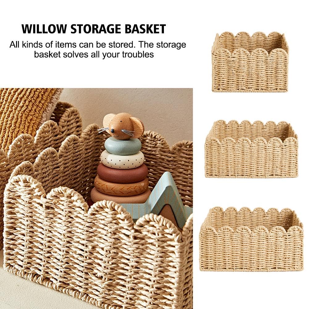 Scalloped Edge Basket, Wicker Storage Baskets,Hand Woven Rattan Basket for Shelves,Natural Water Hyacinth Storage Baskets for Organizing (small)