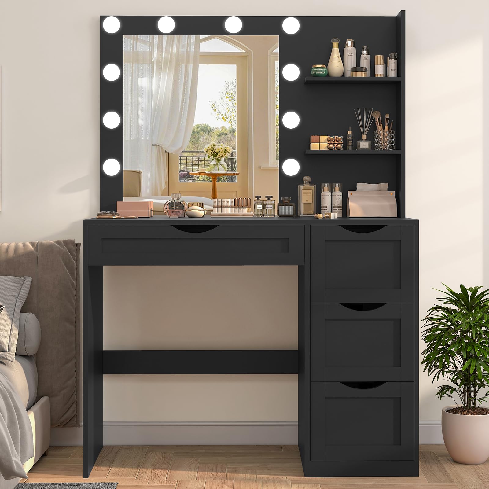 usikey Makeup Vanity Desk with Mirror and 10 LED Lights, Makeup Vanity Table with 4 Drawers, Vanity Desk Dressing Table with 2 Storage Shelves, 3 Color Modes Adjustable Brightness for Bedroom,Black