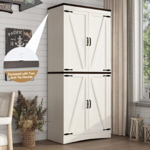 chartustriable 71in Farmhouse Kitchen Pantry Cabinet,Tall Storage Cabinet with 4 Doors and Adjustable shelves,with Load-Bearing Steel Pipe,Wood Storage Cabinets for Kitchen,Dining Room,Bathroom(White)