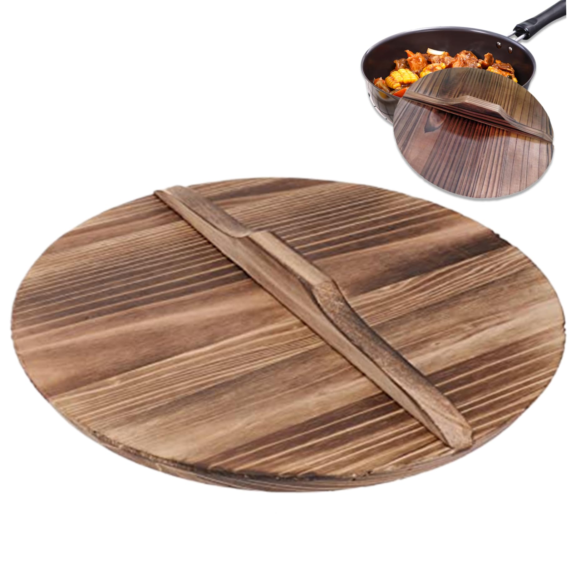 Wok Lid, 14 inch Natural Wooden Wok Cover, Anti-scalding Pot Lid, Replacement Round Pot Cover with Handle for Kitchen Camping Picnic,Wok Cover