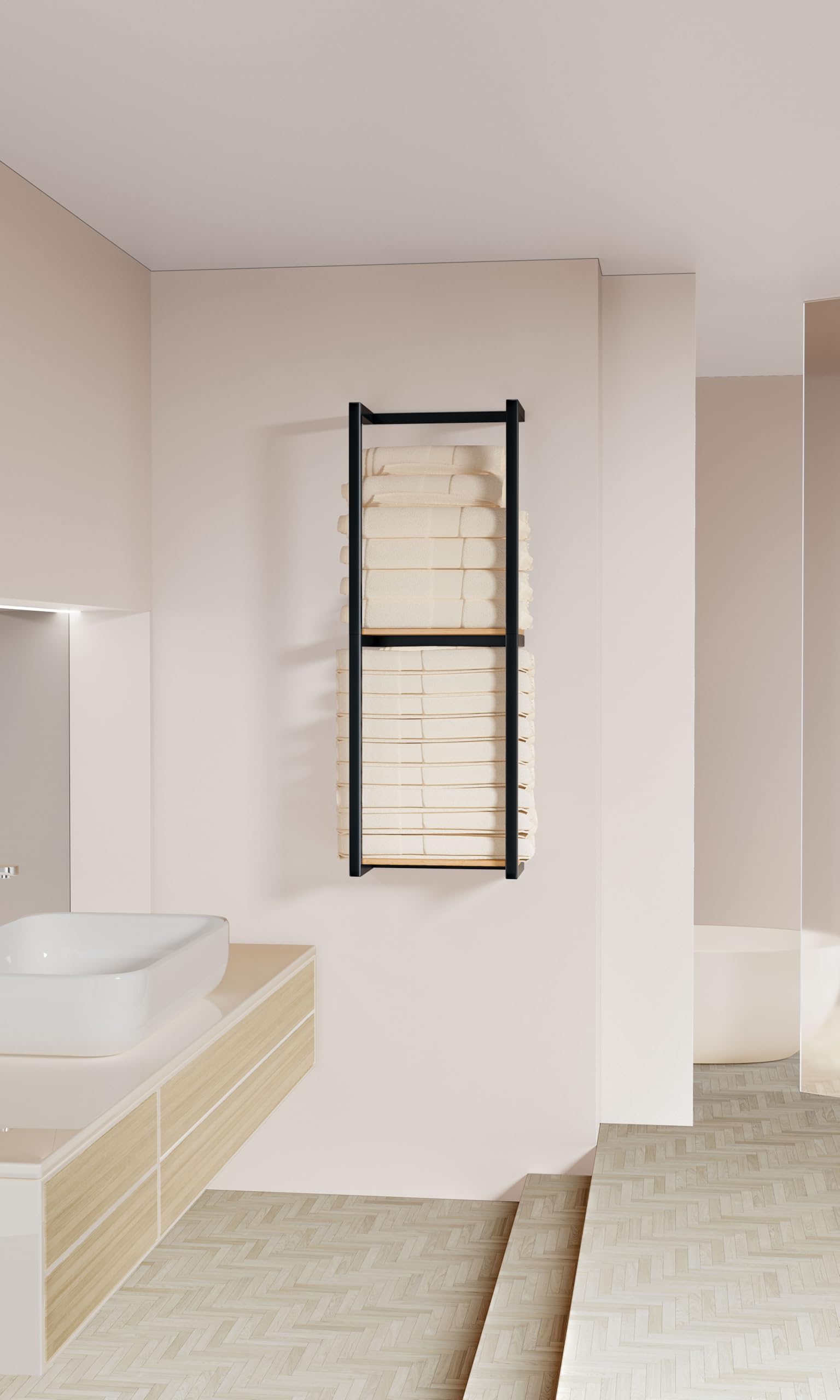 Bathroom Towel Rack with Shelves - Wall-Mounted Storage Holder for Towels & Essentials | Elegant Metal & Wood Design for Modern Bathrooms