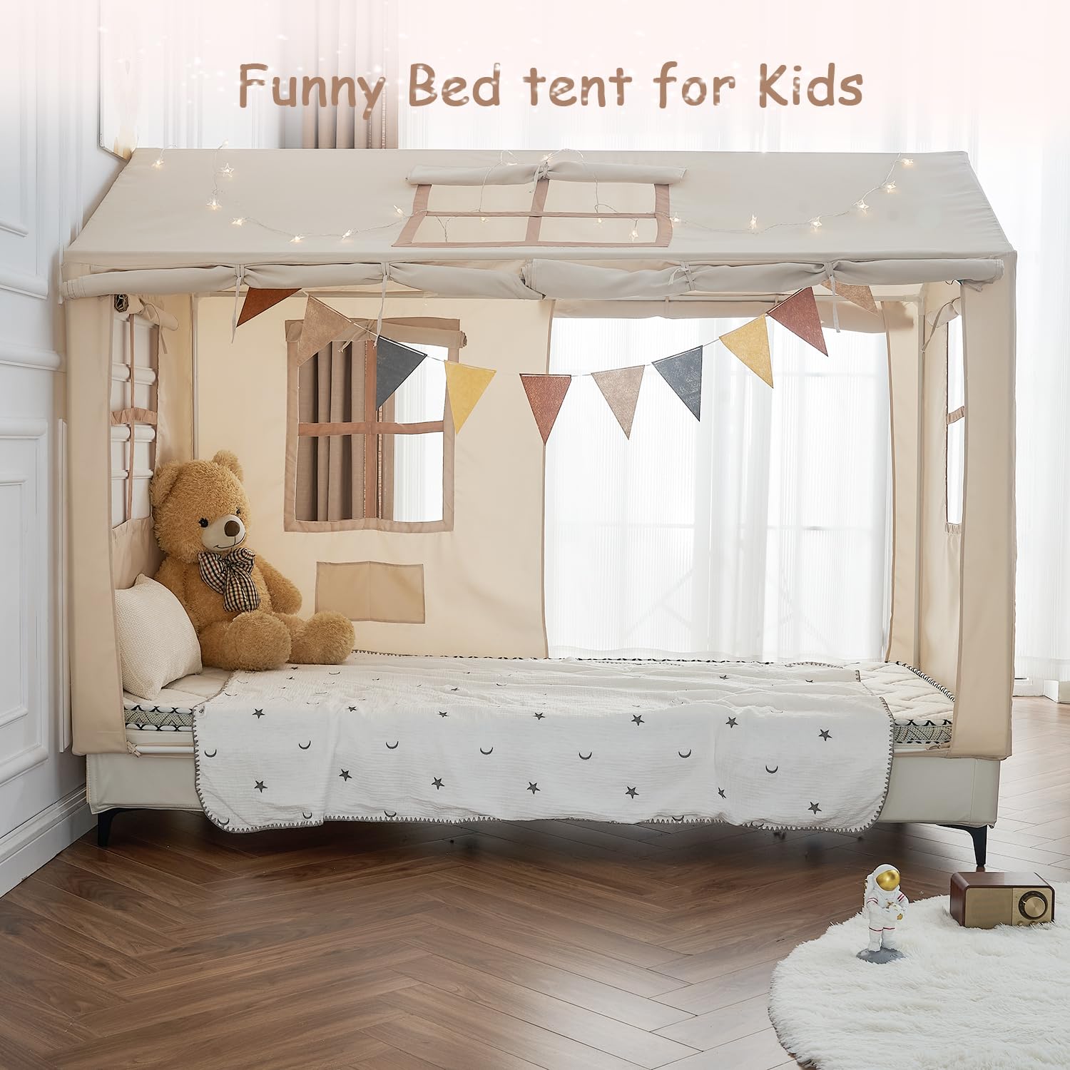 WANFASO Twin Bed Tent Indoor Bed Canopy Kids Tents with 2 Doors, Breathable Private Space Floor Fort Bed Tents for Kids Adult Sleeping Tent (Twin, Khaki)