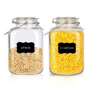 glass jars with airtight lid, 1 gallon food storage containers with lids, cereal containers storage, 2 pack large kitchen glass containers for flour, cereal, coffee, rice, pasta and canning.