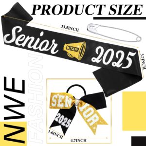 Vinsatin 6 Set Senior 2025 Sash Senior Cheer Sash with Glitter Cheer Hair Bows Senior Cheer Night Gifts for Sports Team(Black)