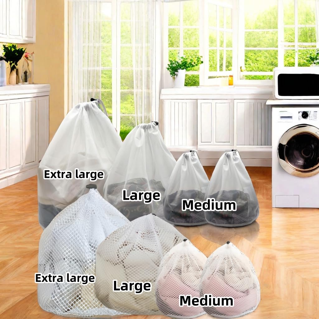 8Pcs Mesh Laundry Bag with Drawstring Closure, White Breathable Coarse & Fine mesh, Durable Mesh Laundry Bags for Washing Machine Delicates Clothes, Bed Linen,travel, Storage, 3 Sizes 2XL 2L 4M