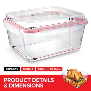 28 Cup Extra Large Glass Storage Container with Lid (220 Ounces), Oven Safe Large Glass Container with Handle, Large Glass Food Storage Container with Airtight Locking Lid with Handle, Freezer Safe