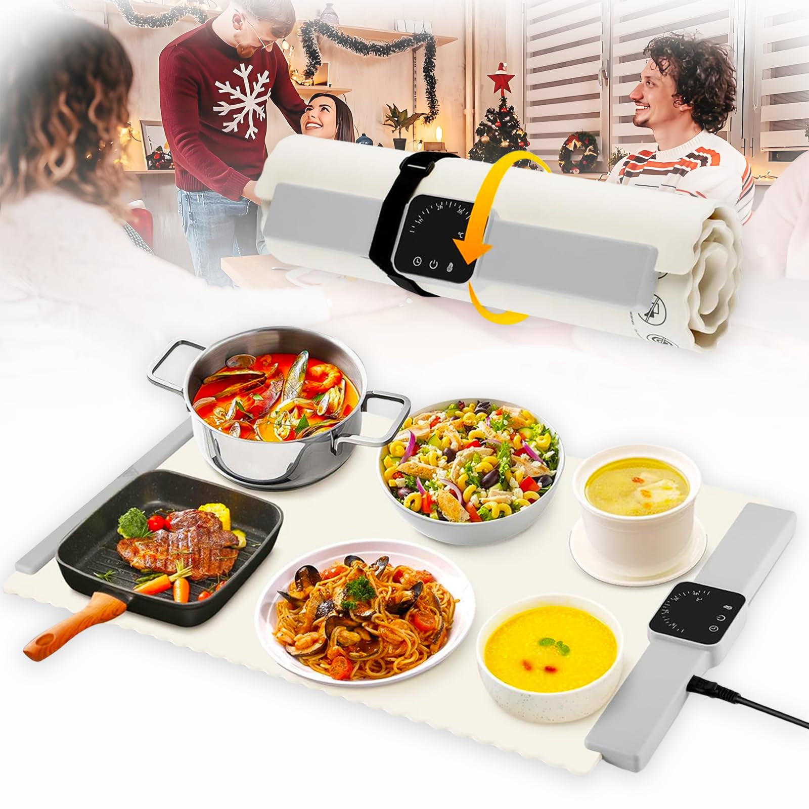 Food Warmer Mat, Roll Up Electric Warming Plate, Portable Silicone Warming Mat with 5 Heat Levels, Heating Tray for Parties Buffet, 26inx15.5in, (Energy Saving)