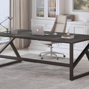 IBF Long Desks for Home Office, Large Metal Wooden Computer Desk for 2 Monitors, 70 Inch Two Person Desk for Executive Work Writing Study Gaming, Industrial Modern Big Double Desk, Dark Gray Oak