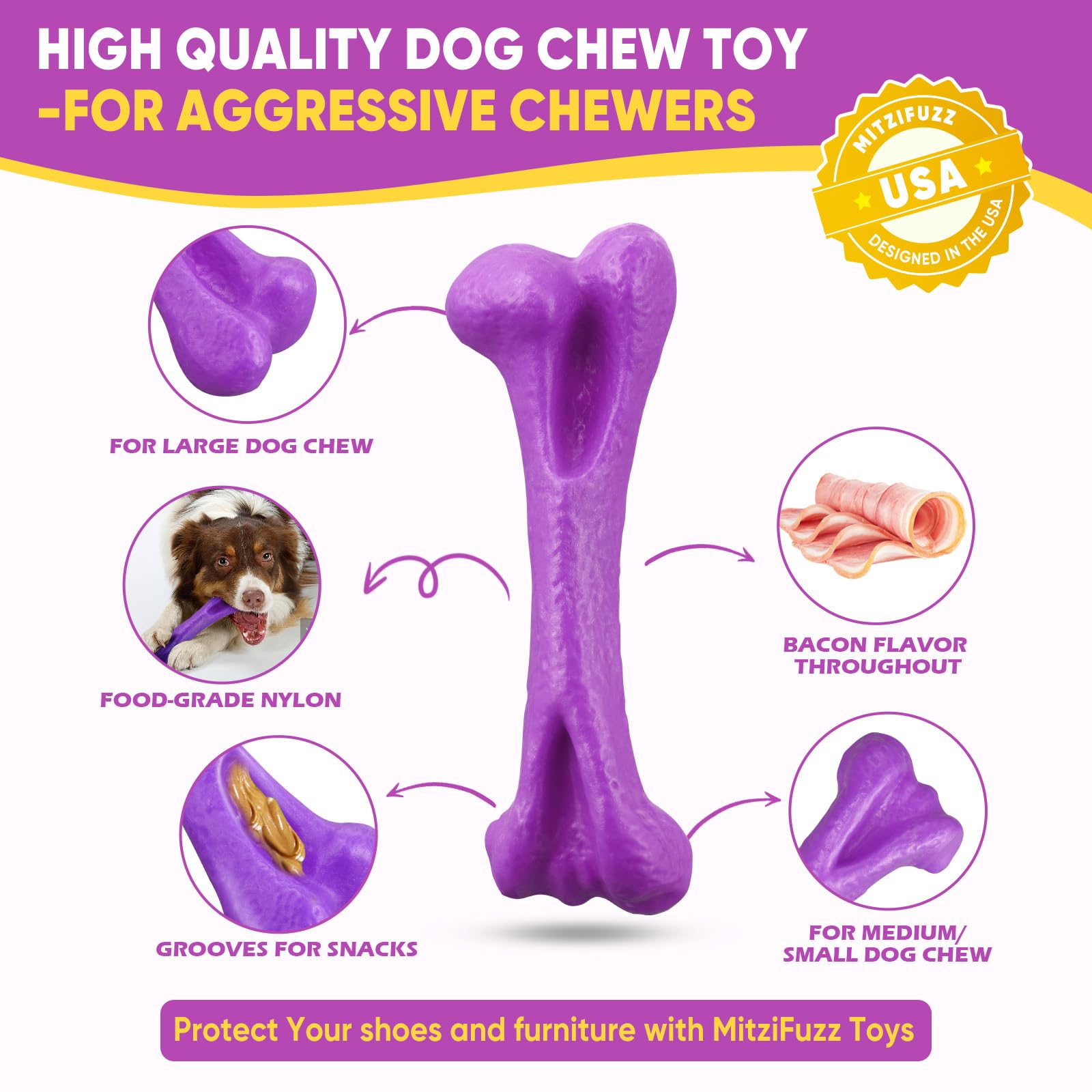 Mitzifuzz Tough Dog Toys for Aggressive Chewers, Interactive Dog Toys to Keep Them Busy, Dog Chew Toys Long Lasting for Large/Medium/Small Dogs, for Teeth Cleaning, Bacon Flavor(2pcs, Purple+Cyan)