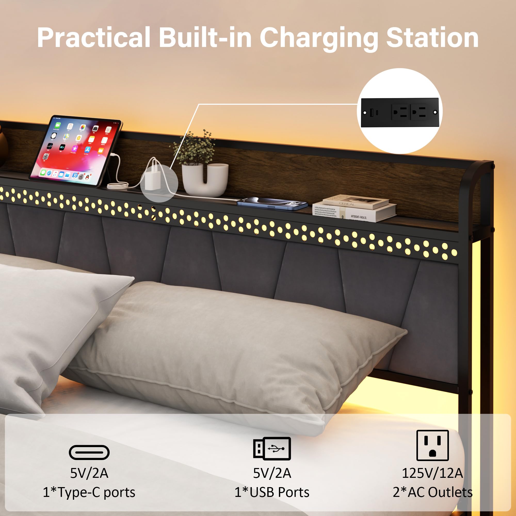 CXVX King Size Bed Frame with Storage Headboard, Metal Platform Bed Frame with 4 Storage Drawers and Charging Station & LED, Metal Support, Noise-Free, No Box Spring Needed, Easy to Assemble