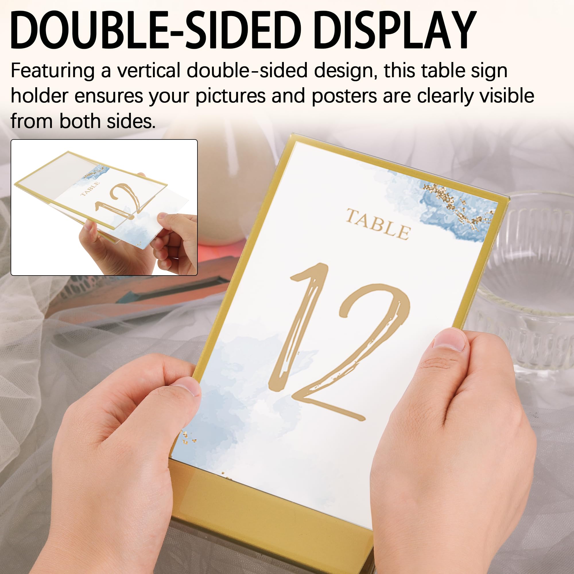 TonGass (12-Pack, Gold 5"x7" Standard Double-Sided Acrylic Wedding Table Numbers Picture Frames Clear Sign Holders with 3mm Gold Border & Vertical Stand Wedding Table Number Holder