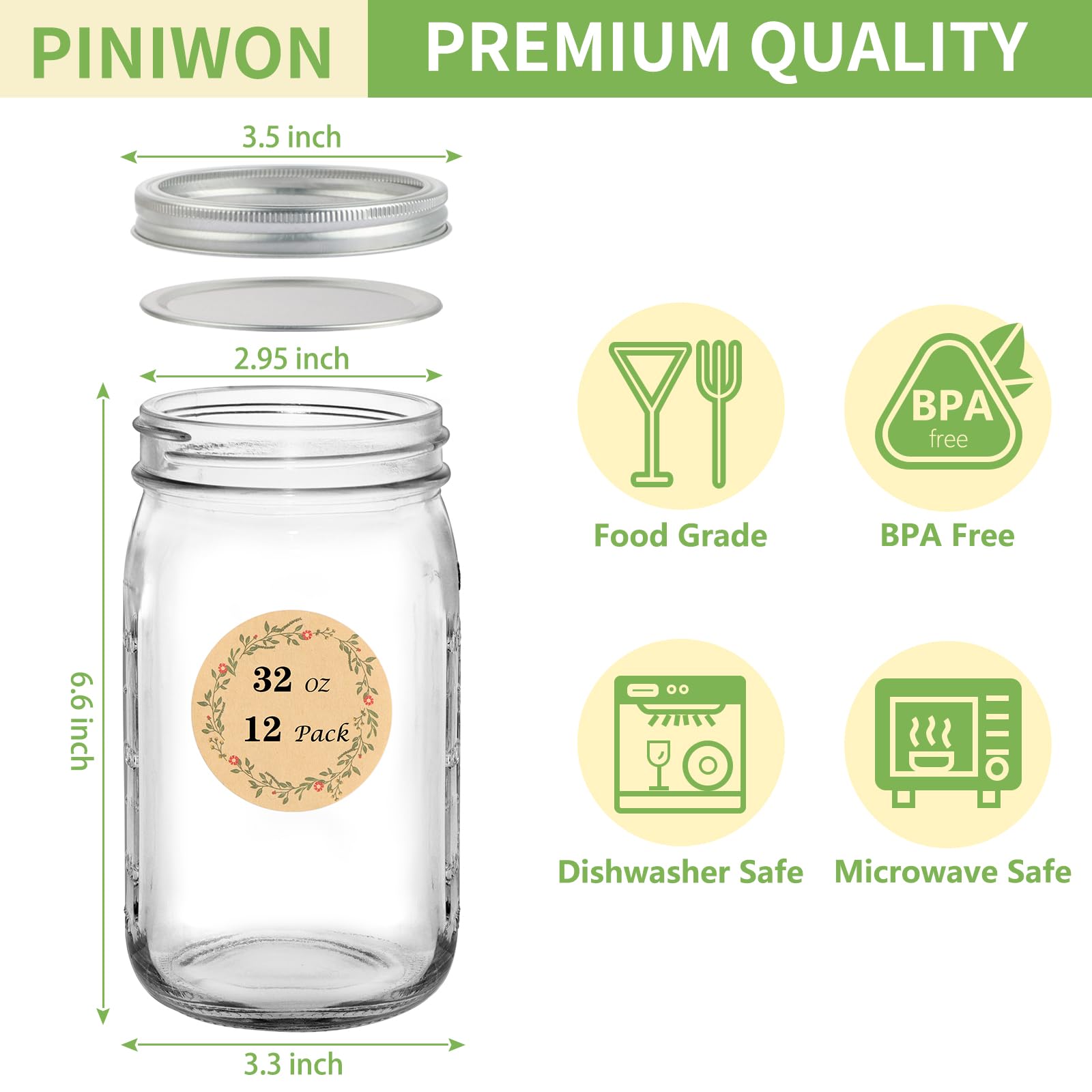 PINIWON Wide Mouth Mason Jars 32 oz with Airtight Lids and Bands, 12 Pack Quart Canning Jars, Clear Glass Mason Jars for Canning, Pickling, Preserving, Meal Prep, DIY Projects