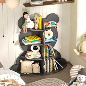 HedoAjim Kids Bookshelf Little Bear Toddler Book Rack 4-Tier Baby Child Bookcase Toy Organizer Book Storage Wood Display Stand Shelf for Nursery Playroom Bedroom Classroom Kindergarten