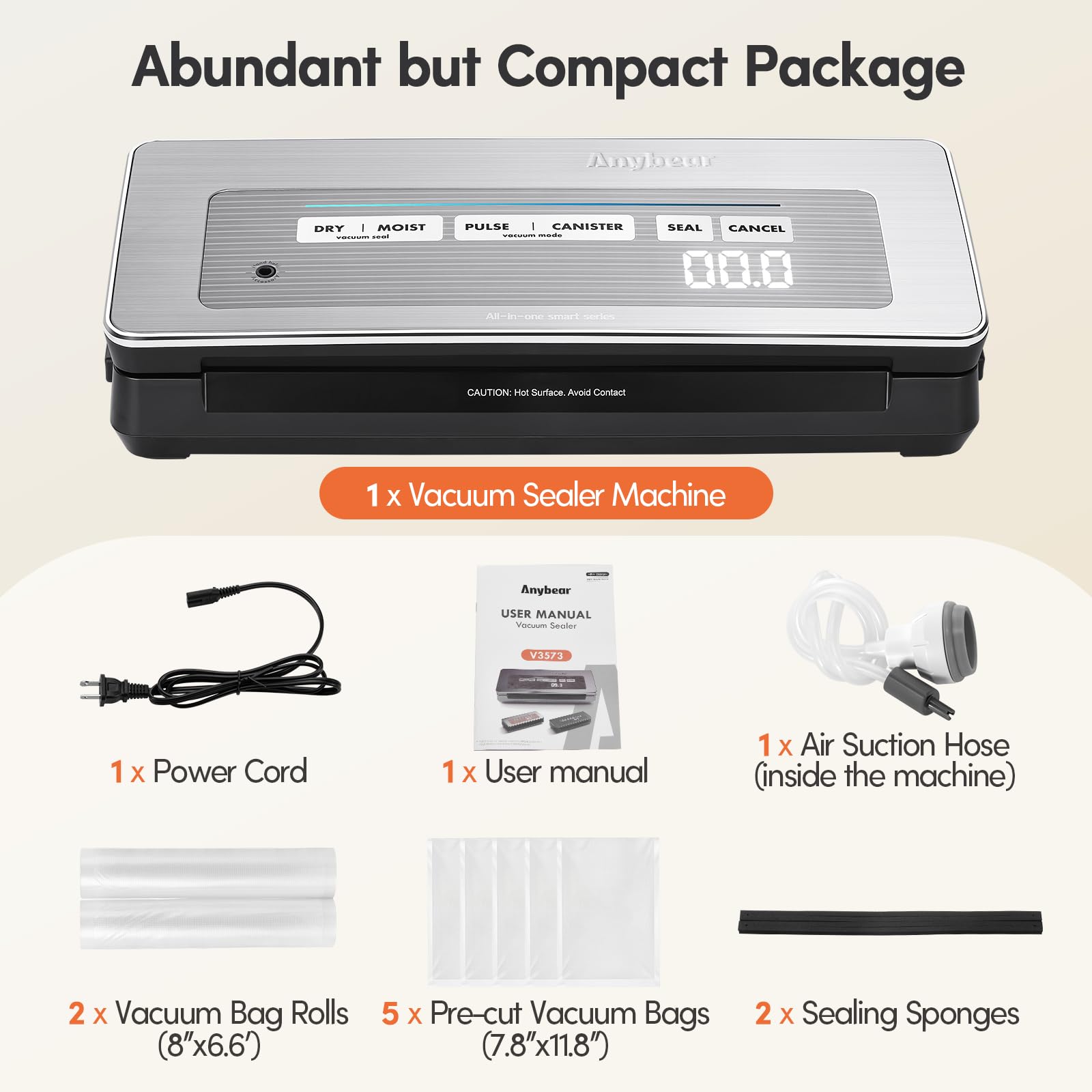 Vacuum Sealer Machine, Anybear Powerful 90kPa 120W Wide Seal Food Sealer with Bags Storage and Build-in Cutter | Digital Countdown Display | 2 Bag Rolls and 5pcs Pre-cut Bags (Sliver)