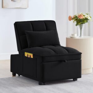 Sofa Bed Chair 4-In-1 Convertible Pull Out Couch for Living Room, Linen Sleeper Sofa Lounge Sofa with Storage Pocket, Single Recliner for Small Space with Adjustable Backrest & Pillow, Black