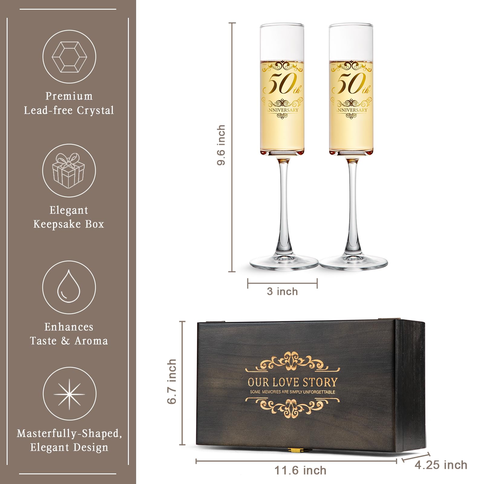 Urllinz 50th Wedding Anniversary Champagne Flutes Gifts-50th Anniversary Decorations,Best Anniversary Wedding Gift for Couples Parents,Set of 2 with Wooden Memory Keepsake Box