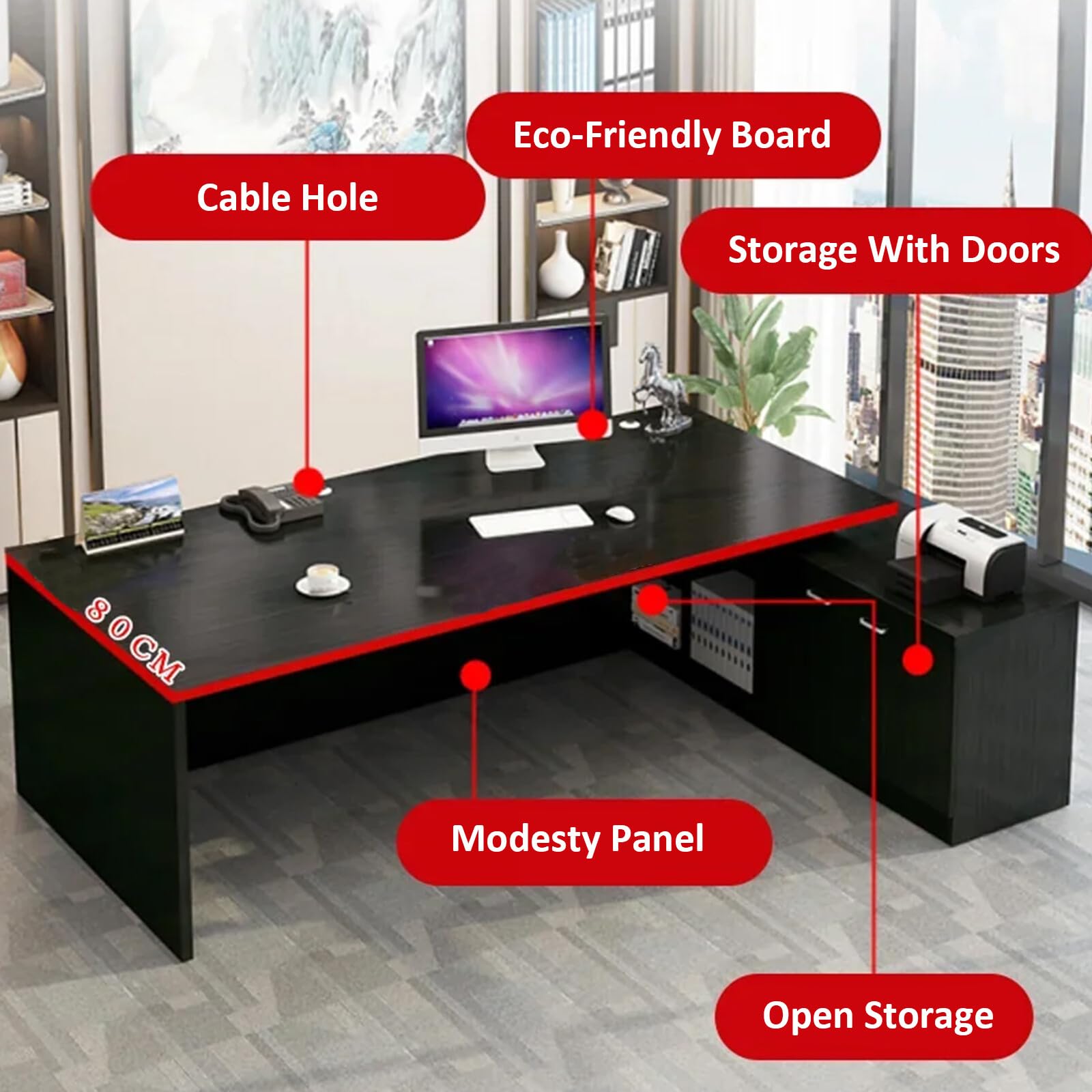 Huariifowm Modern L-Shape Executive Desk with Wood Shelves, Cabinets and Cable Management, Business Furniture Desk Workstation for Home Office (Golden Oak Right Cabinet, 78.7" L*31.5" W*29.5" H)