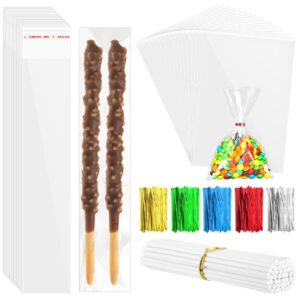 400 pcs cellophane treat bags with ties 4"x6" and pretzel rod bags 2"x10" with 50ct 6-inch paper lollipop sticks,200ct twist ties for treat pretzel candy cookie lollipop party christmas,halloween