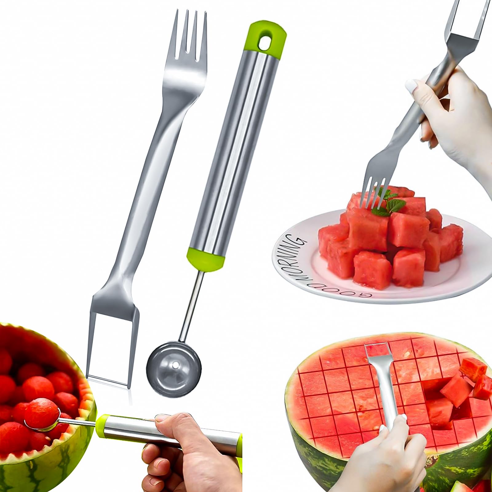 2-in-1 Stainless Steel Watermelon Fruit Cutter Slicer Tool and Melon Baller Scoop Fruit Ball Cutter Set, 2024 New Dual Head Fork Knife Melon Cutter Cutting Tool, for Home Kitchen Gadget (2 Pcs)