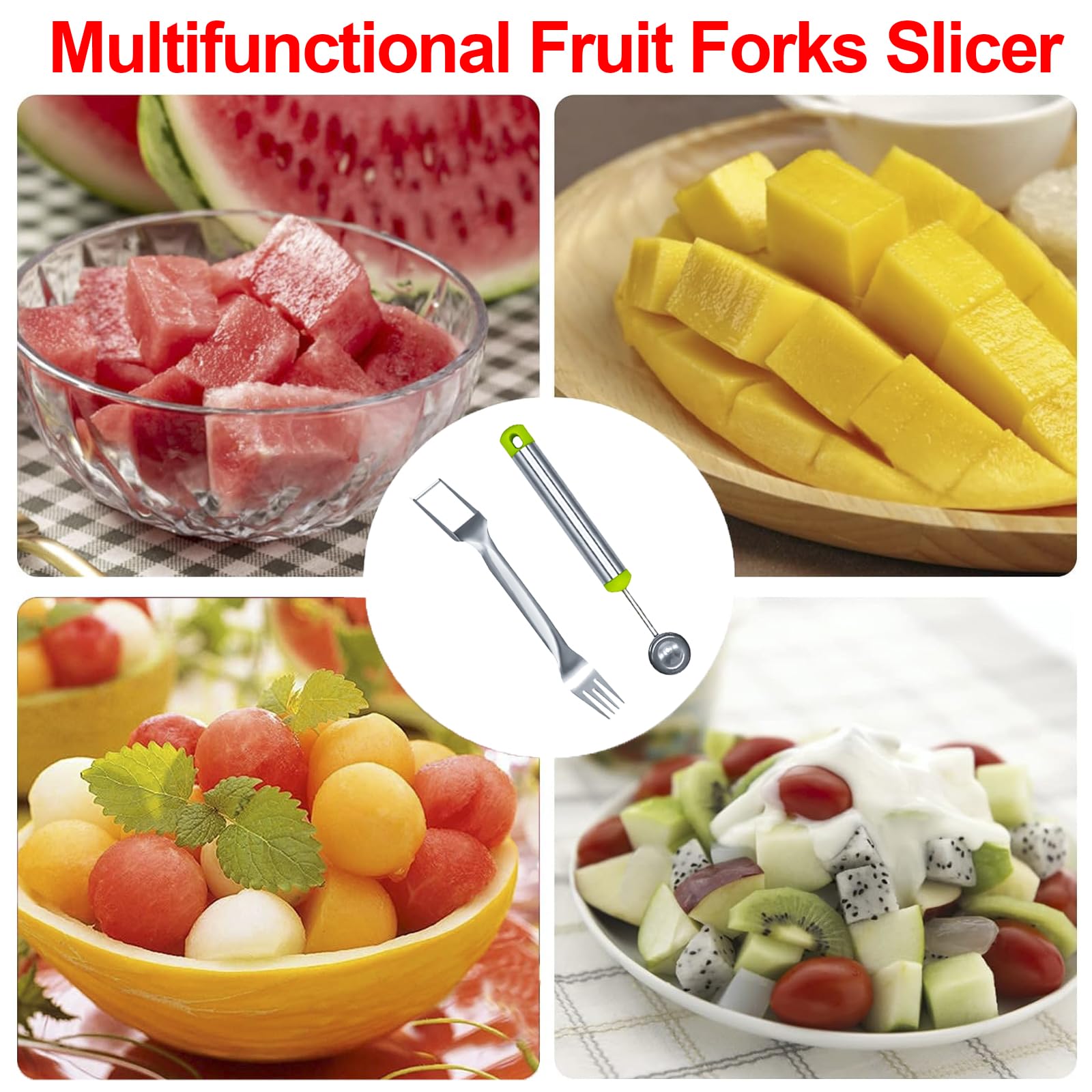 2-in-1 Stainless Steel Watermelon Fruit Cutter Slicer Tool and Melon Baller Scoop Fruit Ball Cutter Set, 2024 New Dual Head Fork Knife Melon Cutter Cutting Tool, for Home Kitchen Gadget (2 Pcs)