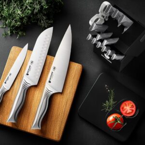 BRODARK Knife Set with Block, 15 Pieces Knife Block Set with Built-in Sharpener, One-Piece Stainless Steel Kitchen Knife Set, Razor Sharp Chef Knife Set, Shark Series