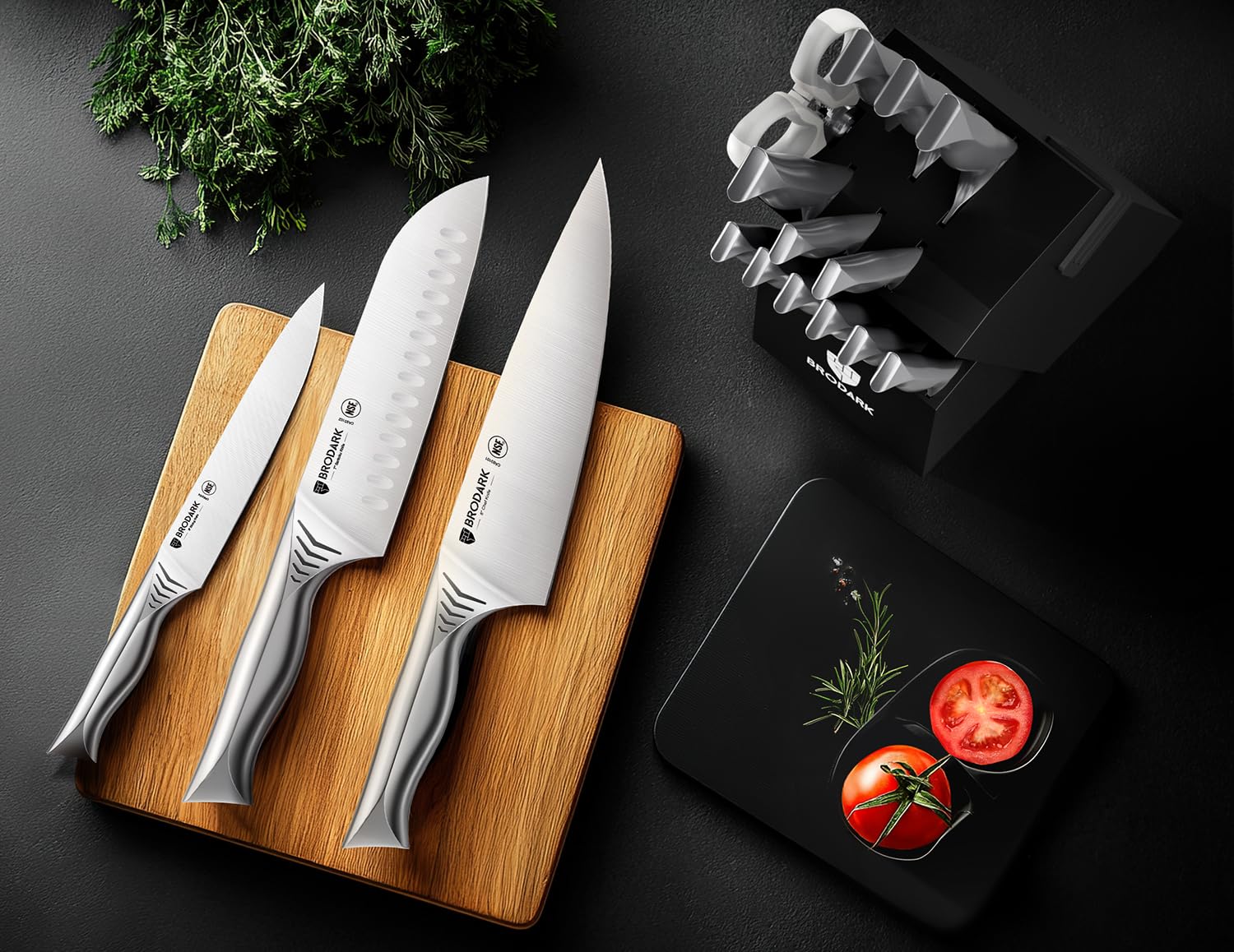 BRODARK Knife Set with Block, 15 Pieces Knife Block Set with Built-in Sharpener, One-Piece Stainless Steel Kitchen Knife Set, Razor Sharp Chef Knife Set, Shark Series