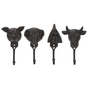 synovana 3d livestock head wall mounted coat hooks, set of 4, farmhouse decorative hanging hooks for bathroom entryway bedroom kitchen wall decor, rustic metal utility hooks for hat towel bag key