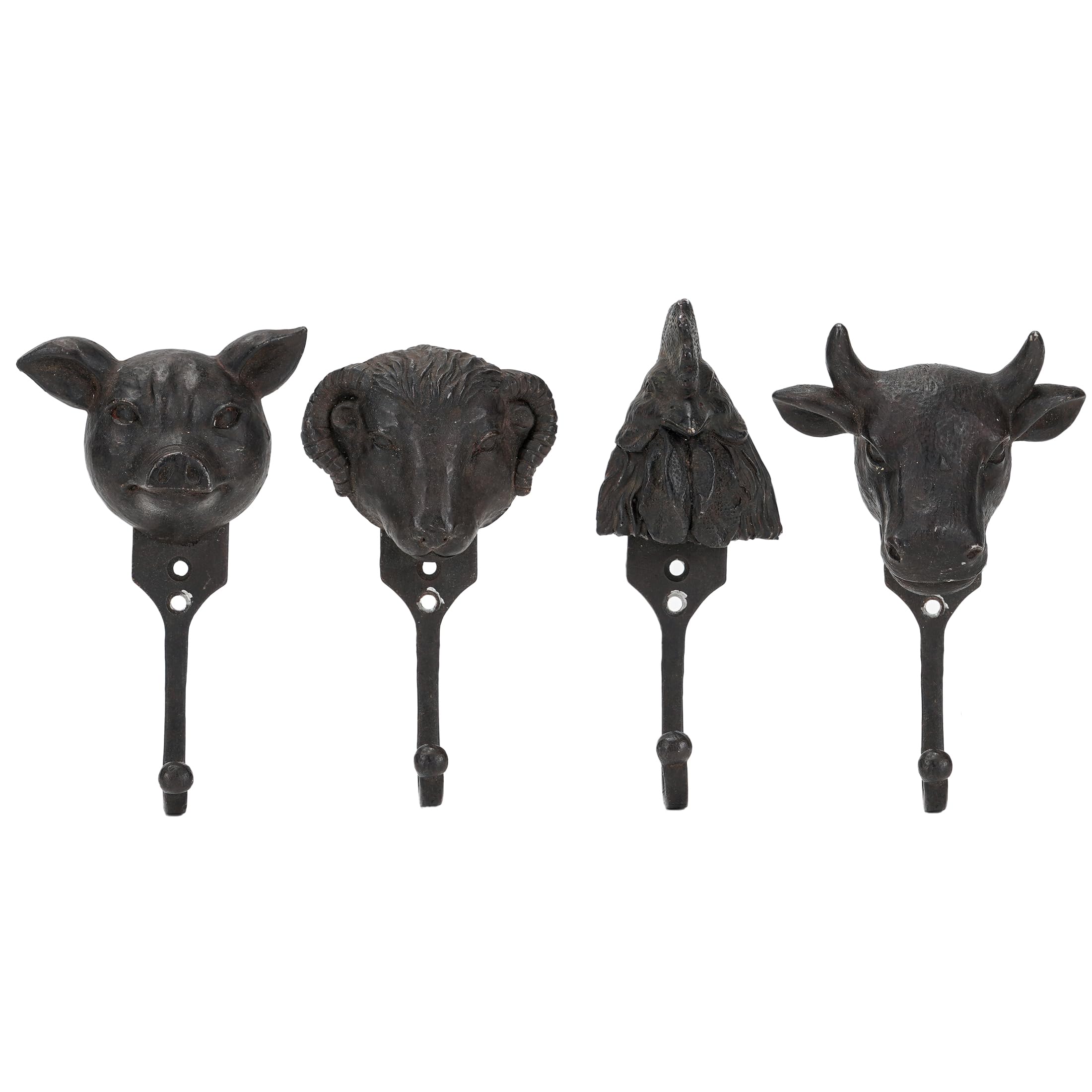 Synovana 3D Livestock Head Wall Mounted Coat Hooks, Set of 4, Farmhouse Decorative Hanging Hooks for Bathroom Entryway Bedroom Kitchen Wall Decor, Rustic Metal Utility Hooks for Hat Towel Bag Key