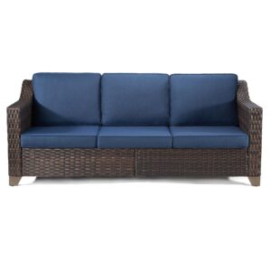 Joyside Patio Sofa - 3 Seater Rattan Sofa, All Weather High Back Sofa, Upgraded Large Size with 4inch Seat Cushions for Backyard, Garden, Poolside (Brown/Blue)