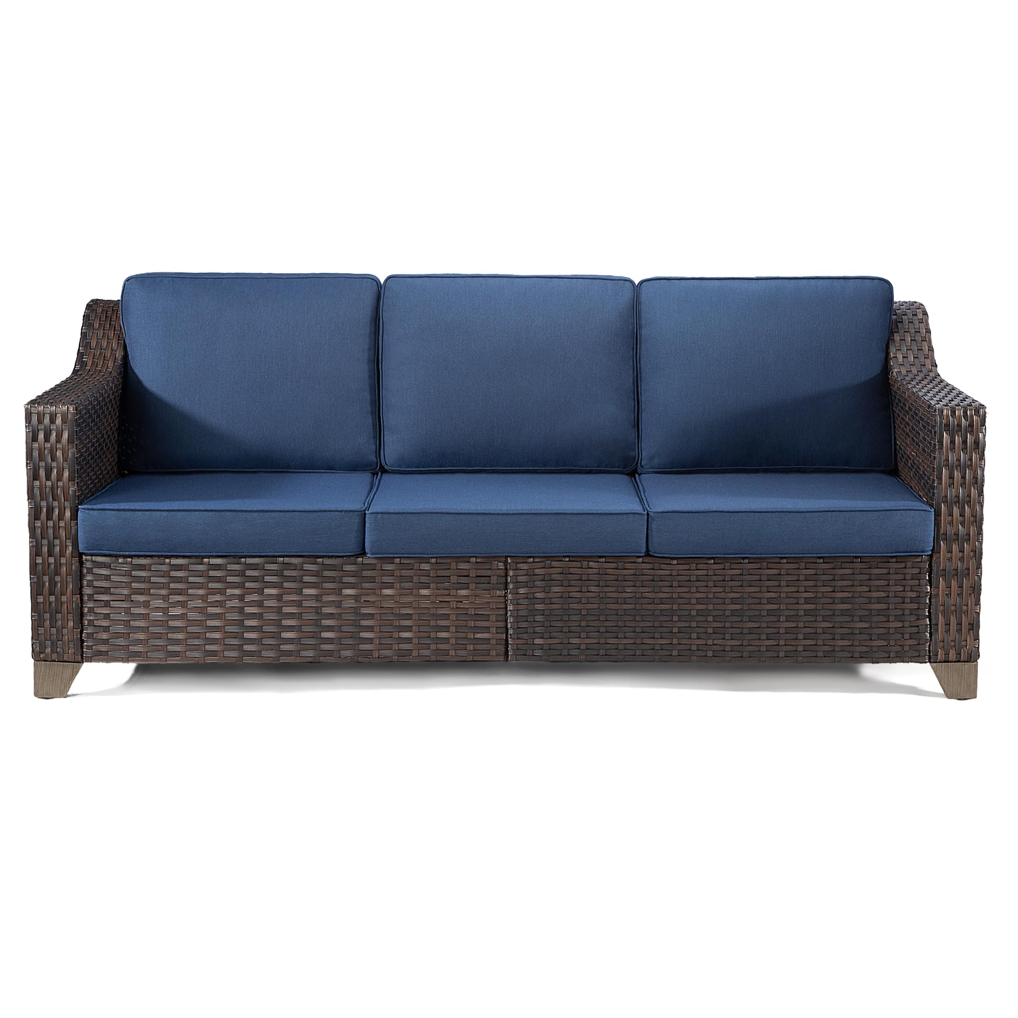 Joyside Patio Sofa - 3 Seater Rattan Sofa, All Weather High Back Sofa, Upgraded Large Size with 4inch Seat Cushions for Backyard, Garden, Poolside (Brown/Blue)