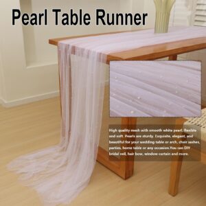 Quandjk 10 ft White Pearl Table Runner Tulle Fabric Lace Tablecloth Table Runners for Bridal Shower Birthday Party Wedding Arch Veil Dessert Table Decorations 29.5x120 Inches