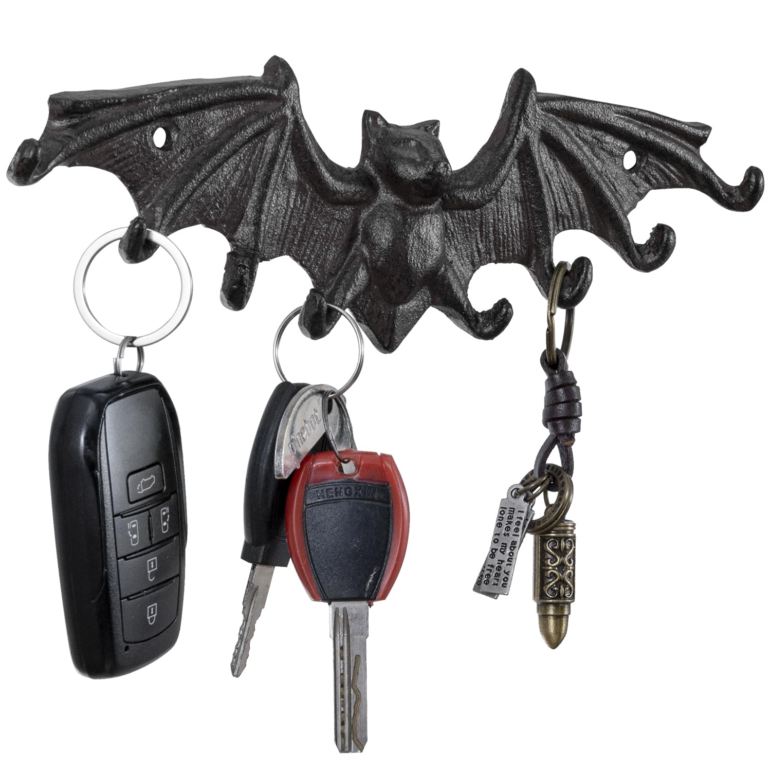 MyGift 8-Hook Vintage Dark Brown Cast Iron Hanging Key Holder in Gothic Flying Bat Design, Wall Mounted Halloween Themed Entryway Hooks for Keys, Pet Leashes, ID Lanyards