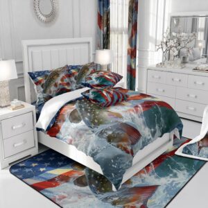 Feelyou American Flag Big Pike Fish Comforter Set Bass Big Fish Bedding Set for Kids Boys Girls Hunting Fishing Comforter Soft Quilt Set Twin Size