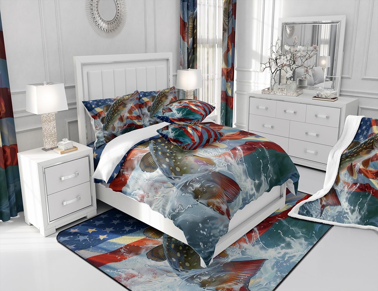 Feelyou American Flag Big Pike Fish Comforter Set Bass Big Fish Bedding Set for Kids Boys Girls Hunting Fishing Comforter Soft Quilt Set Twin Size