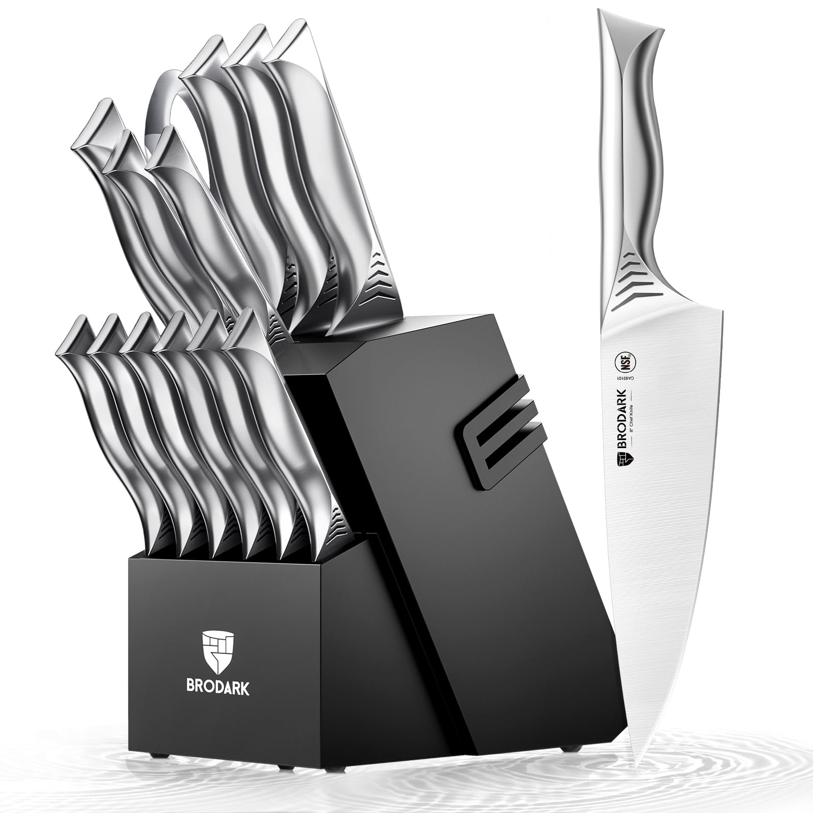 BRODARK Knife Set with Block, 15 Pieces Knife Block Set with Built-in Sharpener, One-Piece Stainless Steel Kitchen Knife Set, Razor Sharp Chef Knife Set, Shark Series