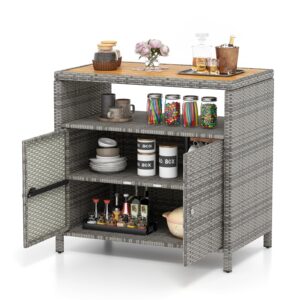 tangkula rattan storage cabinet, outdoor patiojoy buffet cabinet with acacia wood countertop, open compartment & enclosed cabinet, 2-door wicker sideboard, storage organizer for poolside (mix grey)